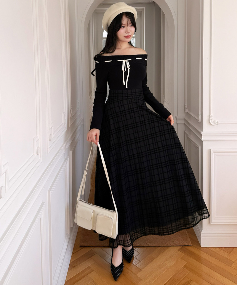 配色リボンフロッキーチェックドッキングワンピース 詳細画像 ブラック 9