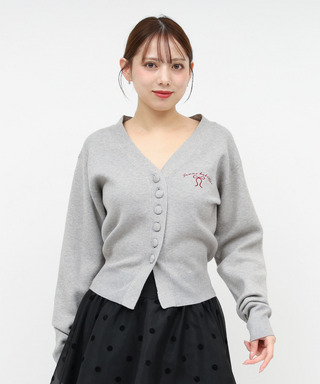 リボン刺しゅうVネックニットカーデトップス