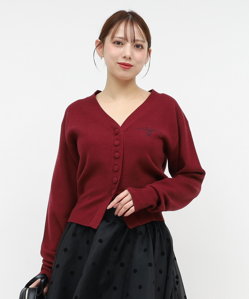 リボン刺しゅうVネックニットカーデトップス 詳細画像 ボルドー 1