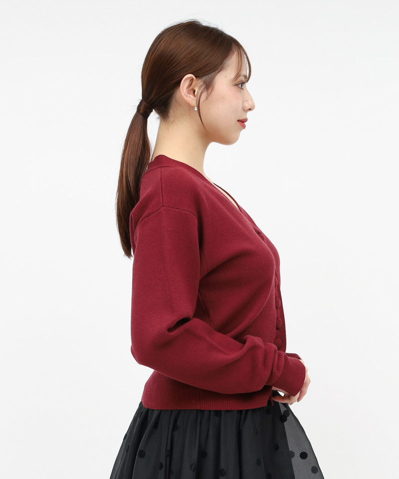 リボン刺しゅうVネックニットカーデトップス 詳細画像 ボルドー 2