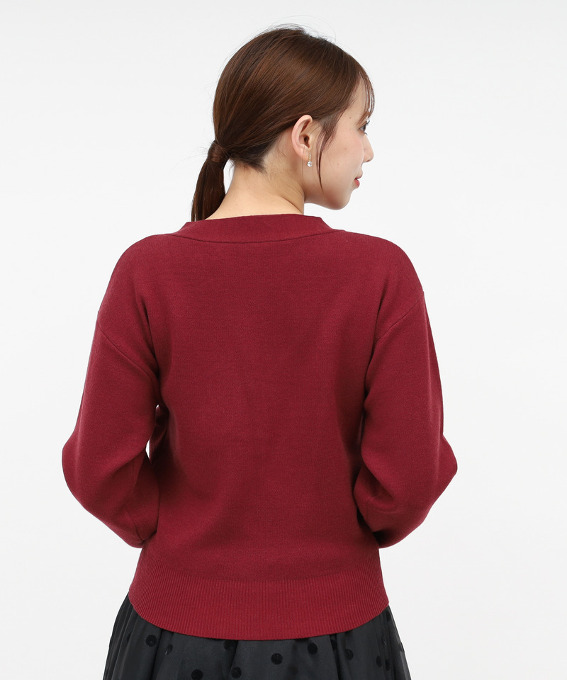 リボン刺しゅうVネックニットカーデトップス 詳細画像 ボルドー 3