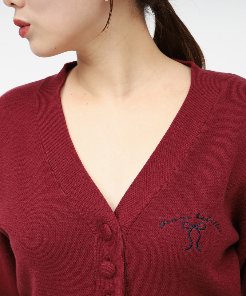 リボン刺しゅうVネックニットカーデトップス 詳細画像 ボルドー 4