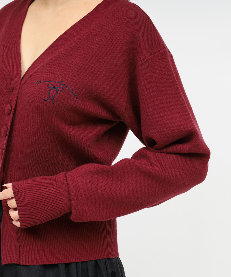 リボン刺しゅうVネックニットカーデトップス 詳細画像 ボルドー 5