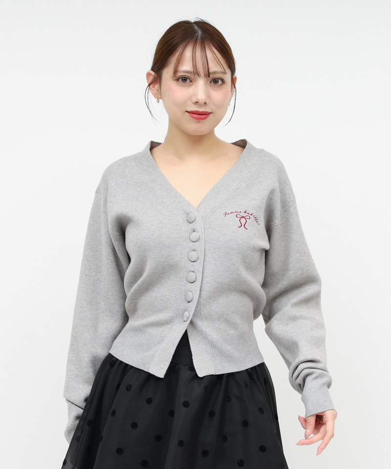 リボン刺しゅうVネックニットカーデトップス 詳細画像 グレー 1