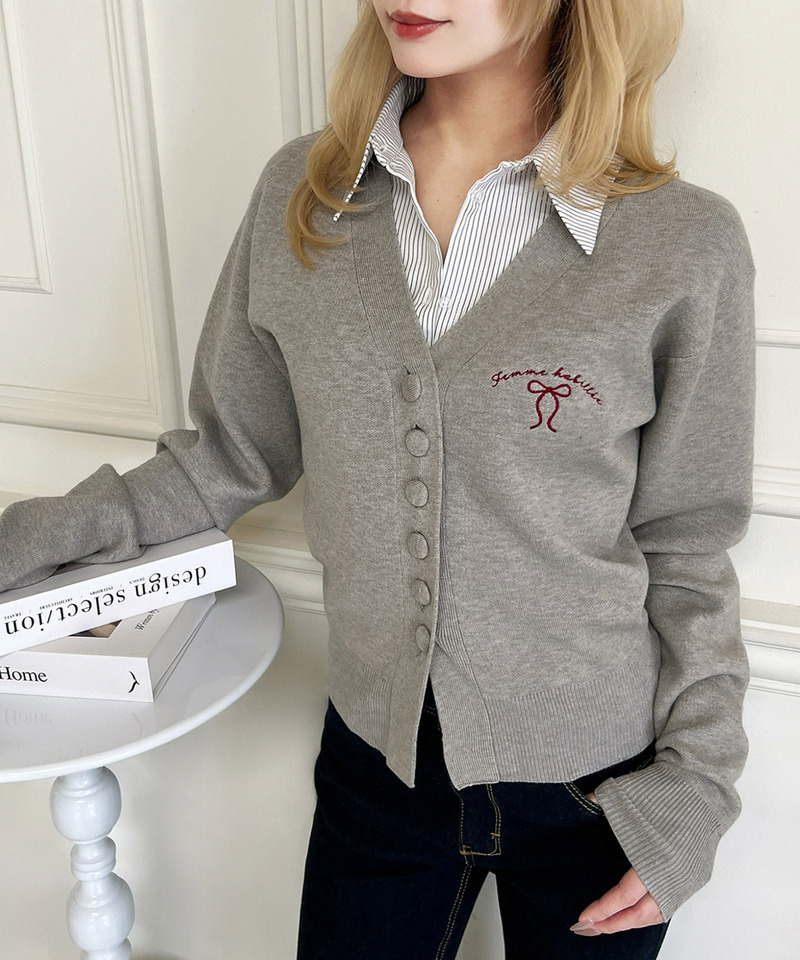 リボン刺しゅうVネックニットカーデトップス 詳細画像 グレー 2