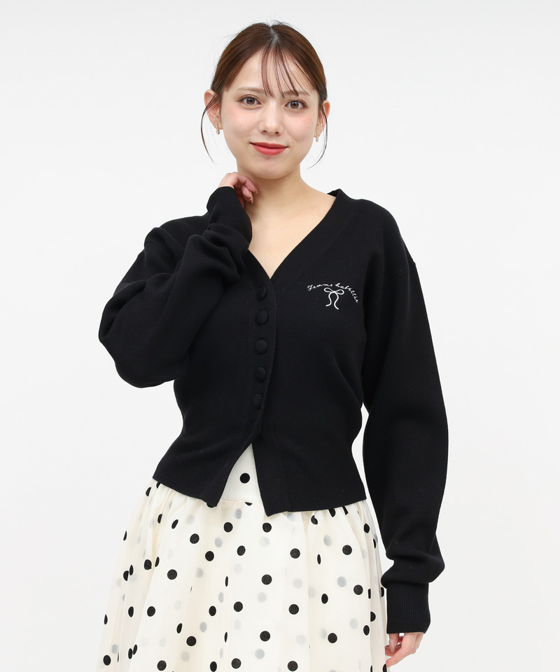 リボン刺しゅうVネックニットカーデトップス 詳細画像 ブラック 1