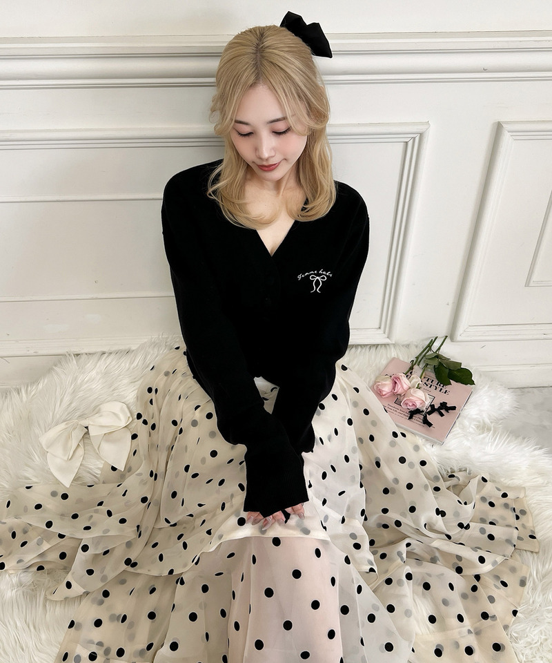 リボン刺しゅうVネックニットカーデトップス 詳細画像 ブラック 3