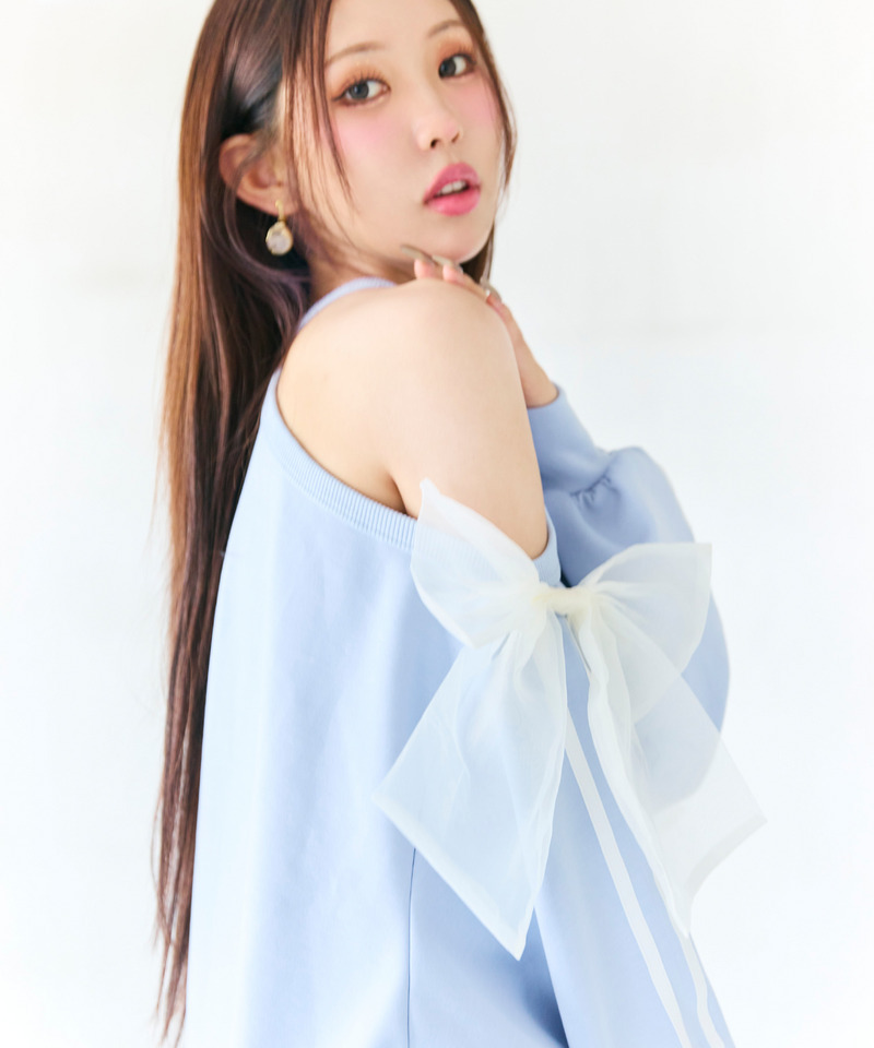 【GirlsAward2025 A/W 加藤 史帆様着用】【MLB】エンボスロゴBIGリボンコールドショルダーチュニック 詳細画像 ブルー 8