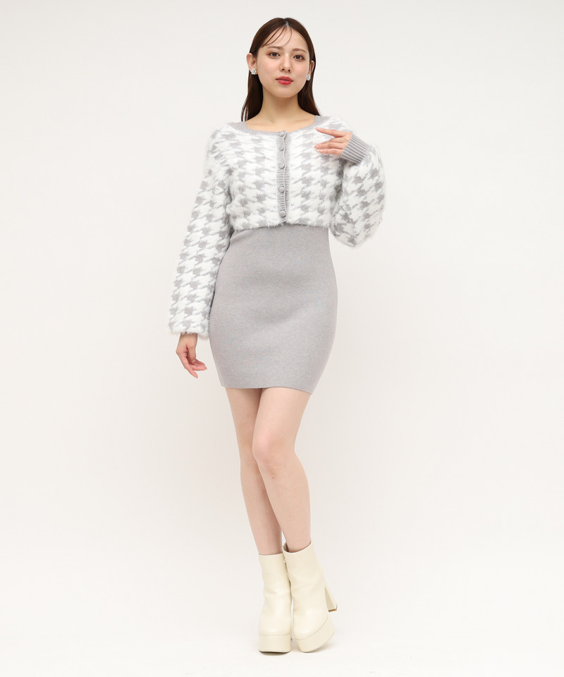 2way千鳥シャギーアンサンブルニットミニワンピース 詳細画像 グレー 2