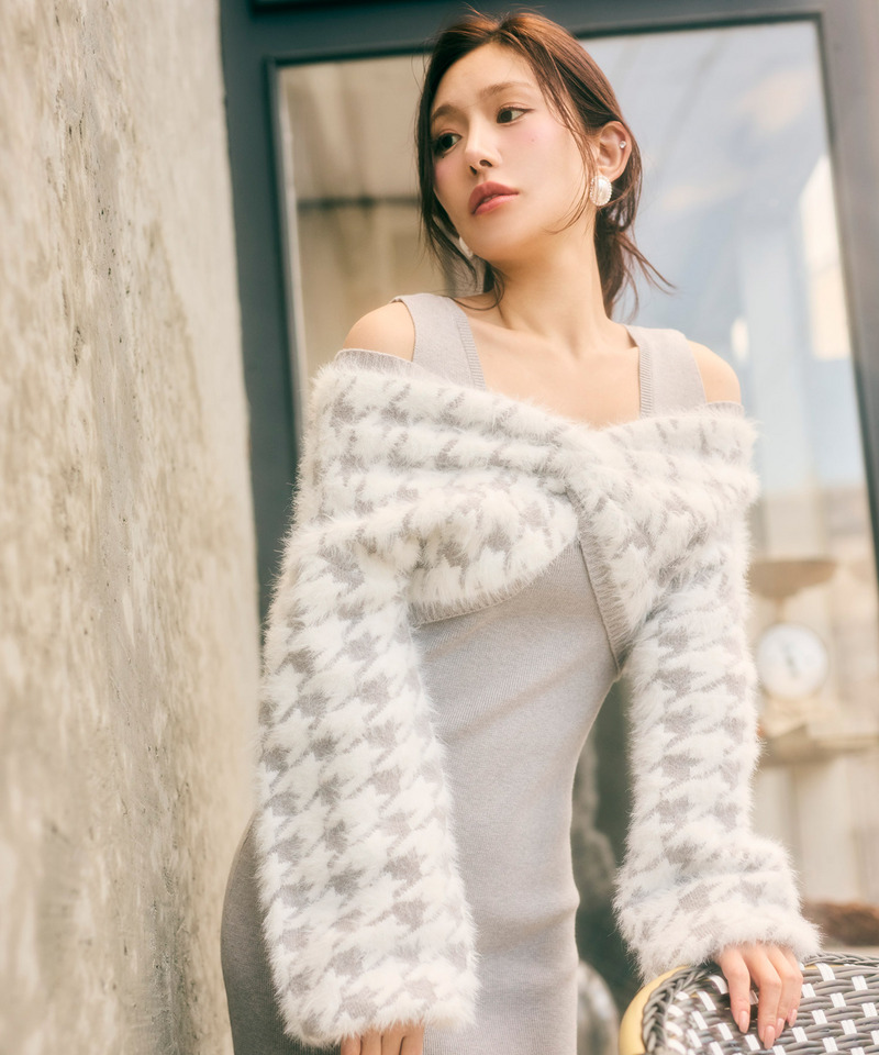 2way千鳥シャギーアンサンブルニットミニワンピース 詳細画像 グレー 3