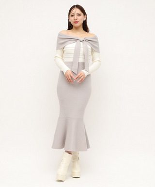 リボンディティール配色ニットマーメイドワンピース