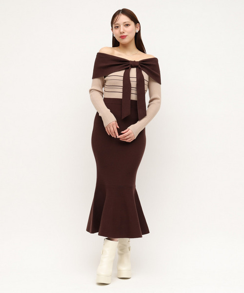 リボンディティール配色ニットマーメイドワンピース 詳細画像