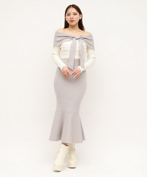 リボンディティール配色ニットマーメイドワンピース 詳細画像