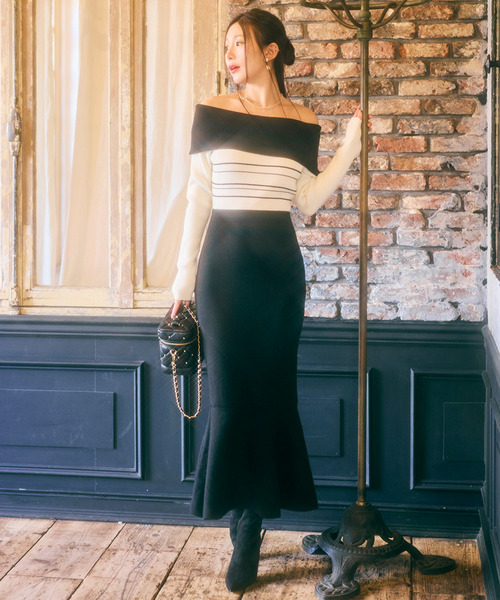 リボンディティール配色ニットマーメイドワンピース 詳細画像