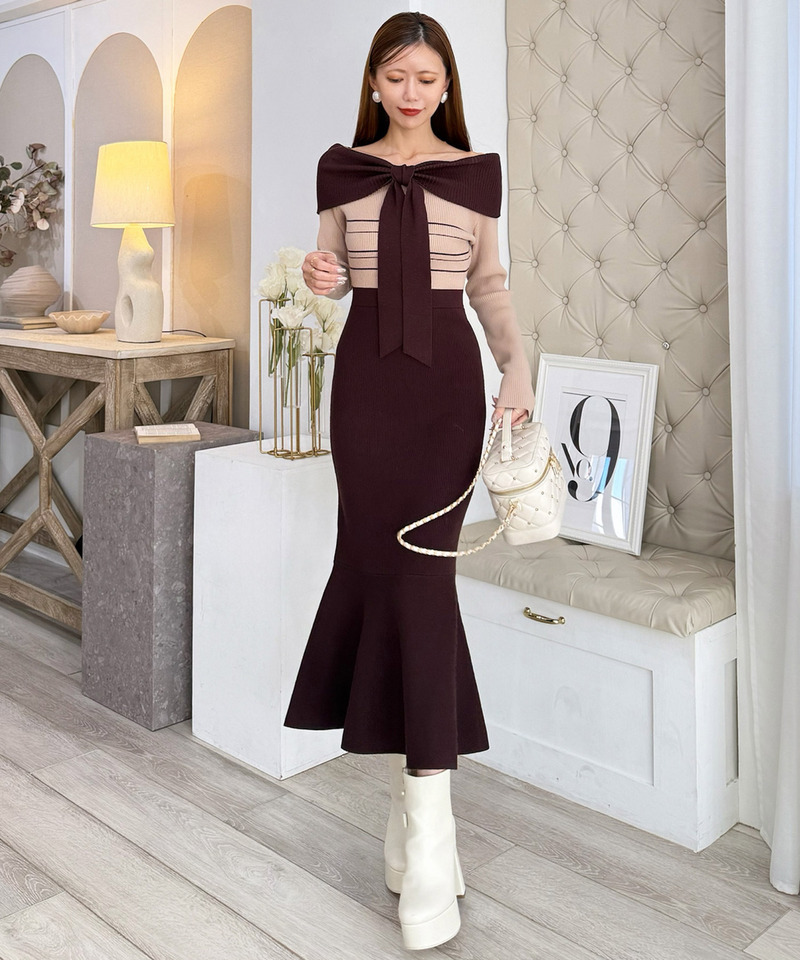 リボンディティール配色ニットマーメイドワンピース 詳細画像 ブラウン 2