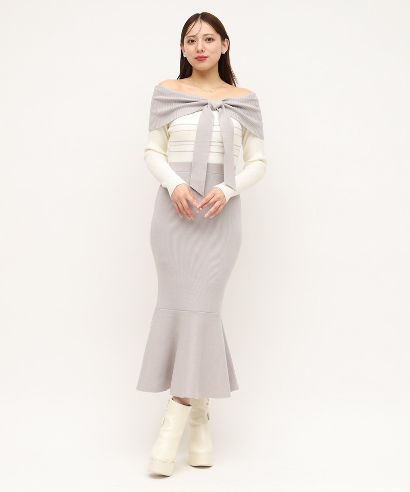 リボンディティール配色ニットマーメイドワンピース 詳細画像 グレー 1