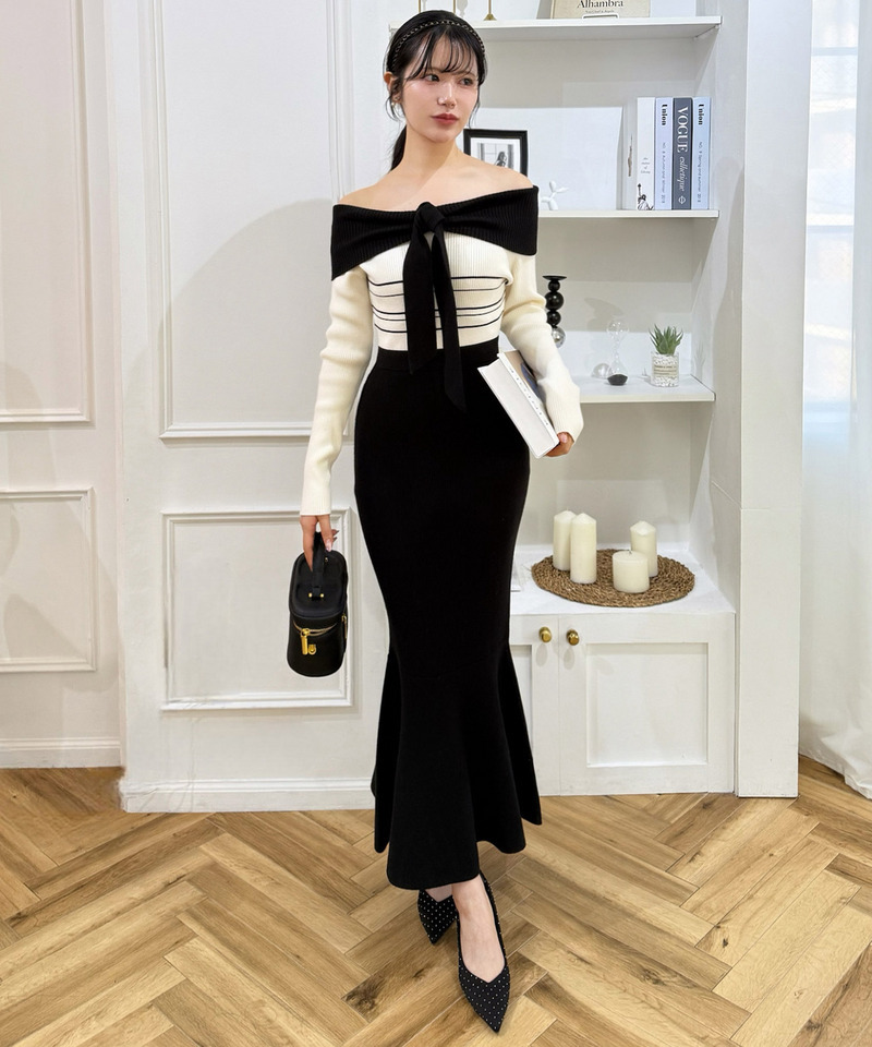 リボンディティール配色ニットマーメイドワンピース 詳細画像 ブラック 10