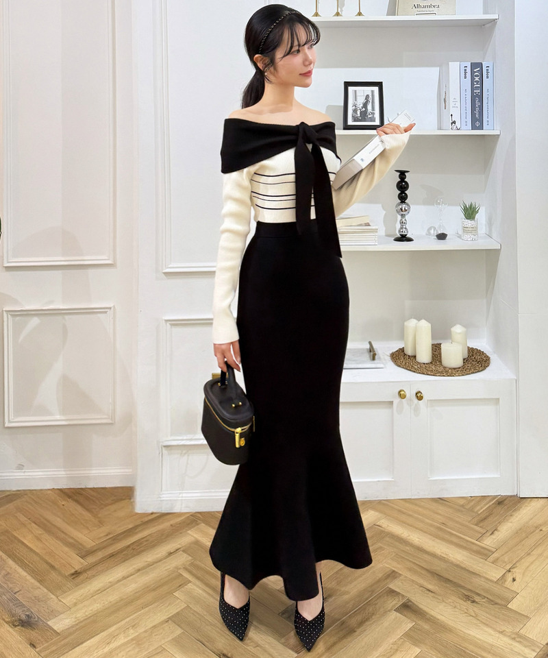 リボンディティール配色ニットマーメイドワンピース 詳細画像 ブラック 11