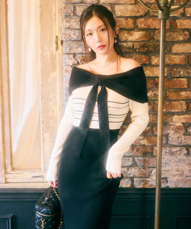 リボンディティール配色ニットマーメイドワンピース 詳細画像 ブラック 12