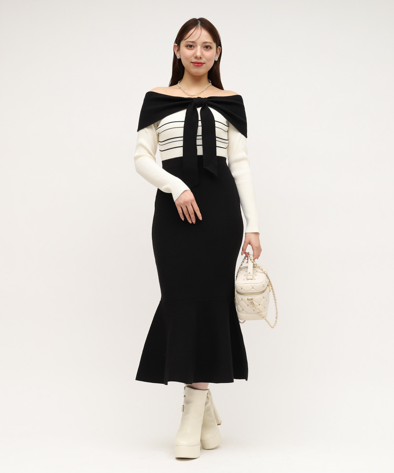リボンディティール配色ニットマーメイドワンピース 詳細画像 ブラック 2