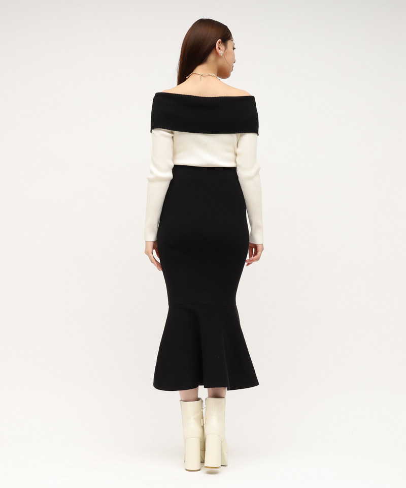 リボンディティール配色ニットマーメイドワンピース 詳細画像 ブラック 4