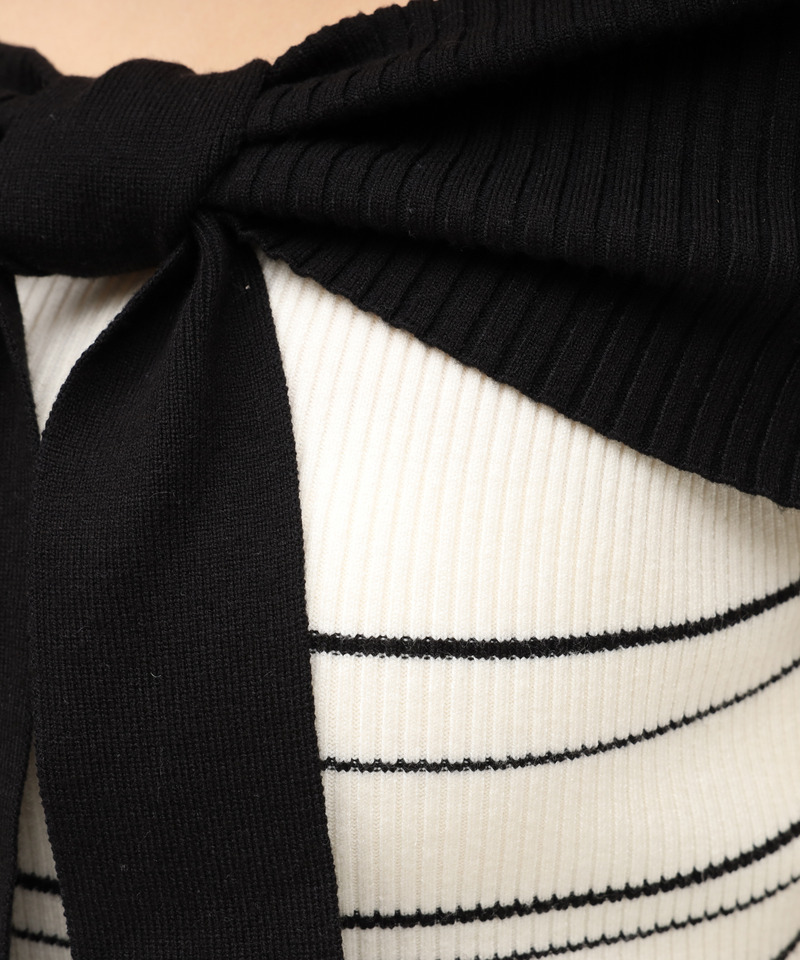 リボンディティール配色ニットマーメイドワンピース 詳細画像 ブラック 5