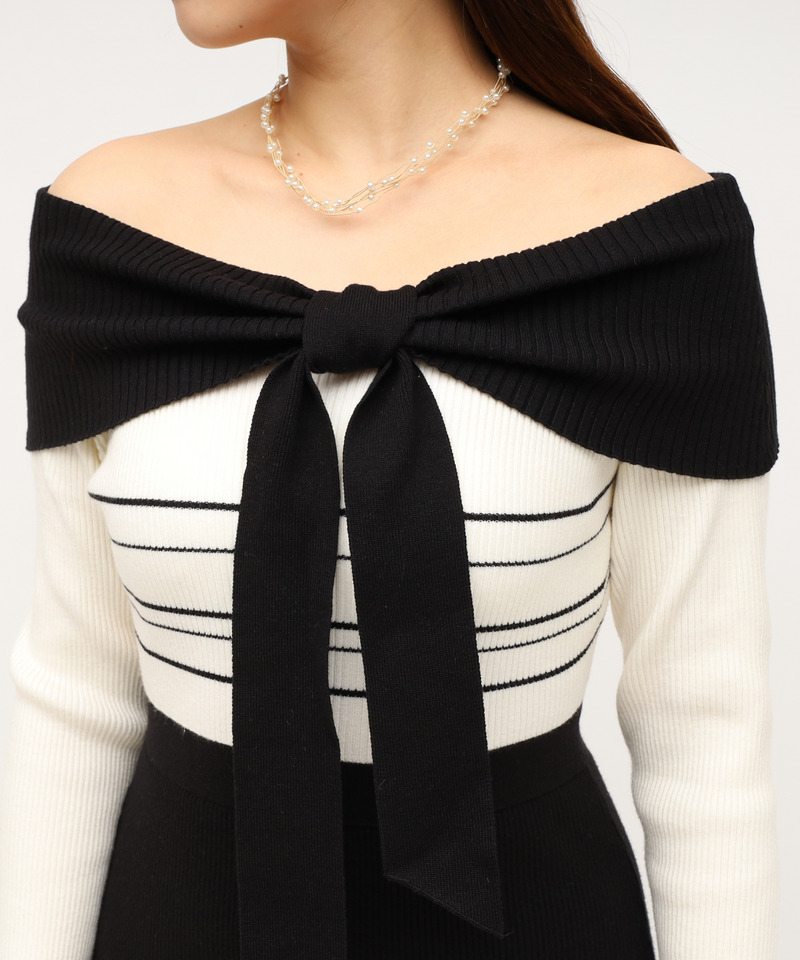 リボンディティール配色ニットマーメイドワンピース 詳細画像 ブラック 6