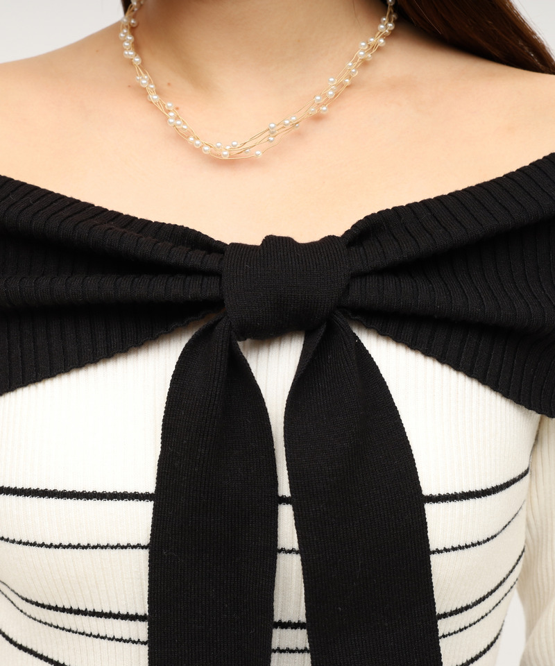 リボンディティール配色ニットマーメイドワンピース 詳細画像 ブラック 7