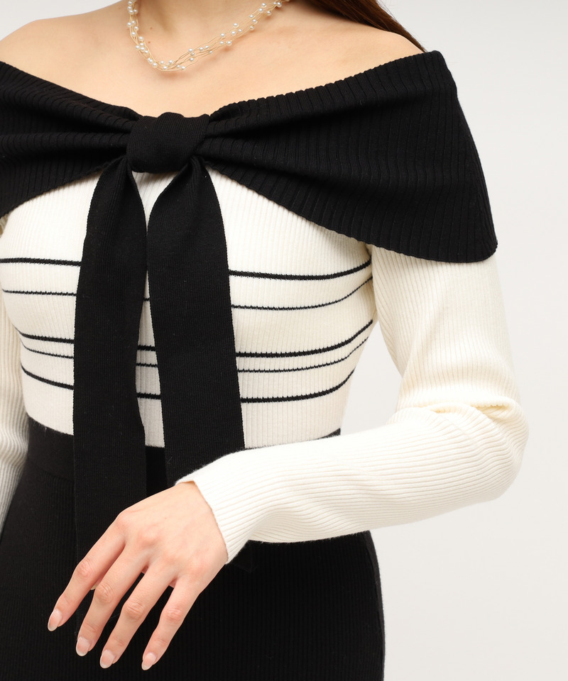 リボンディティール配色ニットマーメイドワンピース 詳細画像 ブラック 8