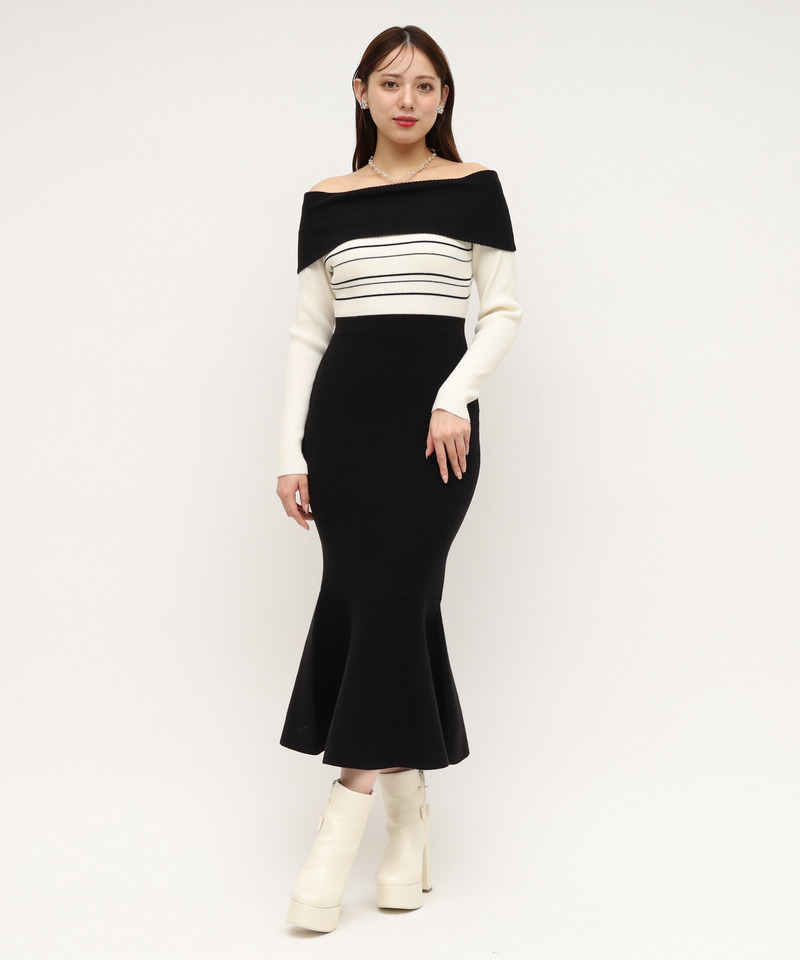 リボンディティール配色ニットマーメイドワンピース 詳細画像 ブラック 9