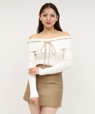 配色オフショルニットトップス