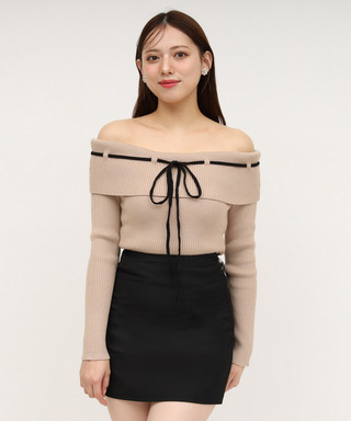 配色オフショルニットトップス