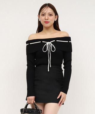 配色オフショルニットトップス