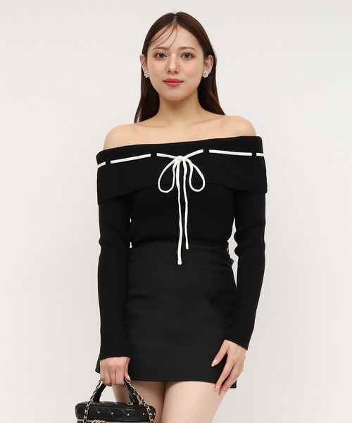 配色オフショルニットトップス 詳細画像