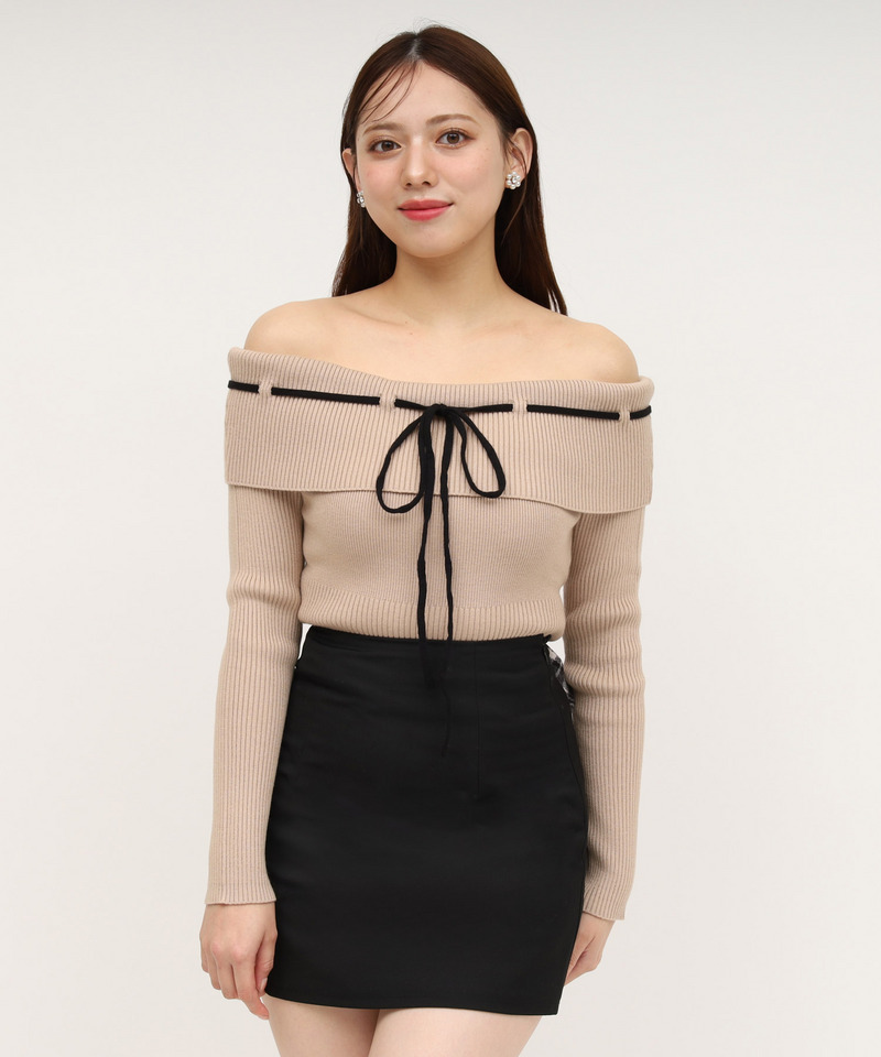 配色オフショルニットトップス 詳細画像 ベージュ 1