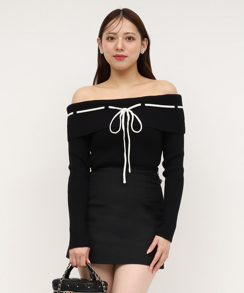 配色オフショルニットトップス 詳細画像 ブラック 1