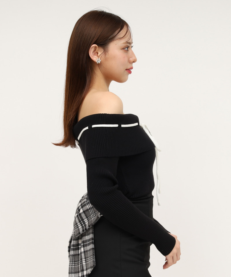 配色オフショルニットトップス 詳細画像 ブラック 2