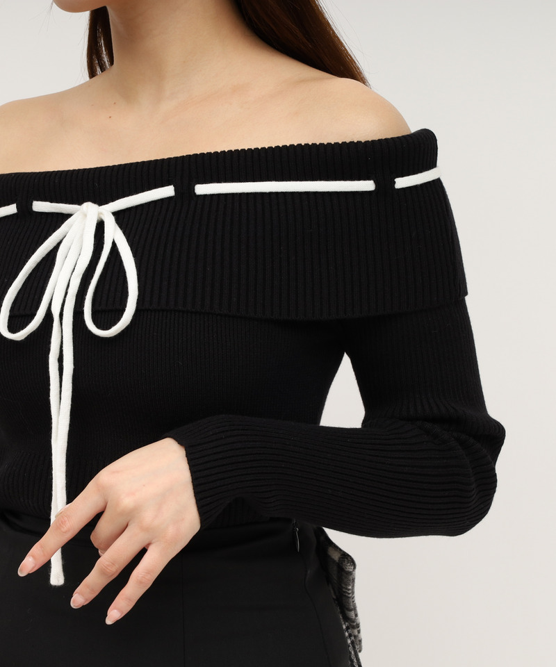 配色オフショルニットトップス 詳細画像 ブラック 5