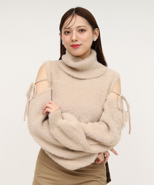 コールドショルダーシャギーニットトップス 詳細画像