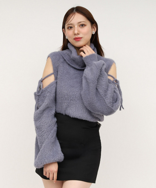 コールドショルダーシャギーニットトップス 詳細画像