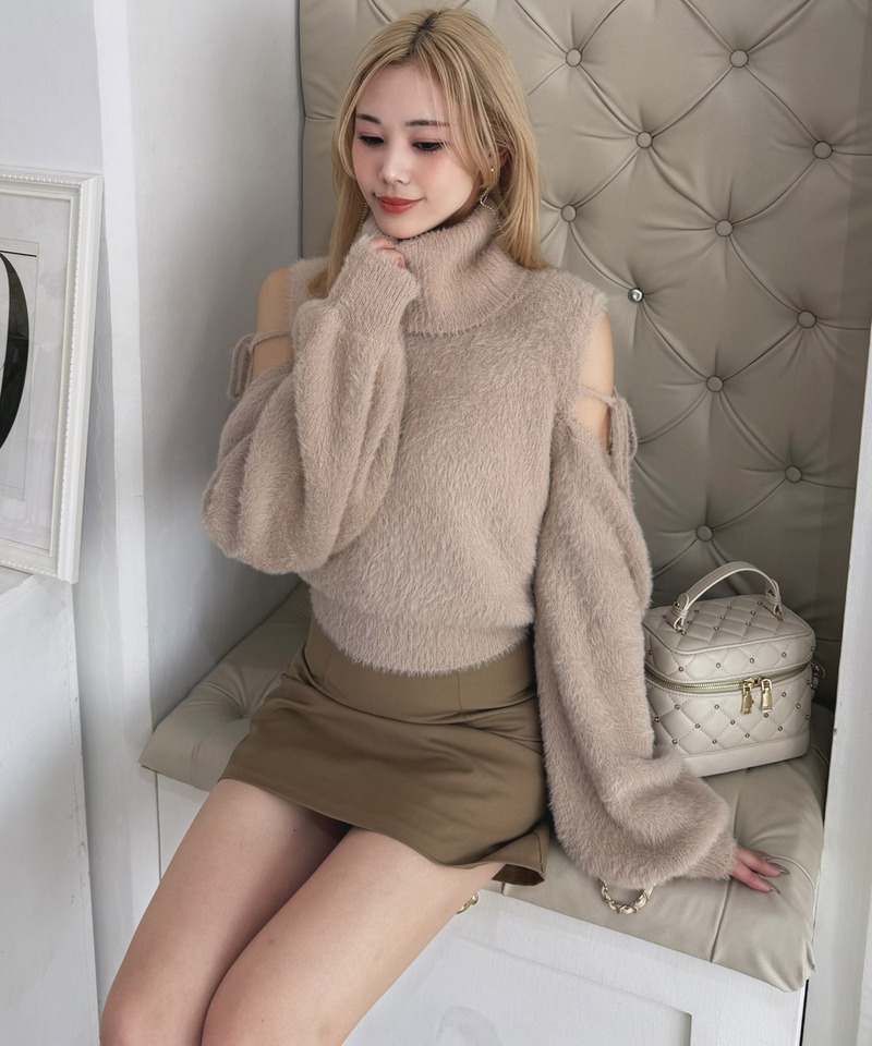 コールドショルダーシャギーニットトップス 詳細画像 ベージュ 2