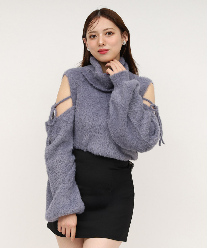 コールドショルダーシャギーニットトップス 詳細画像 ブルー 1