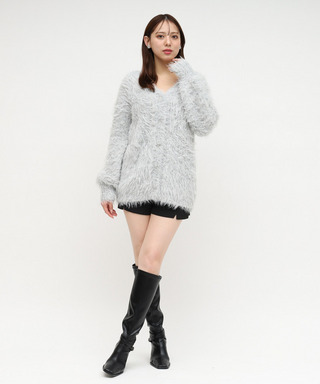 リボン釦シャギーミドルカーディガン