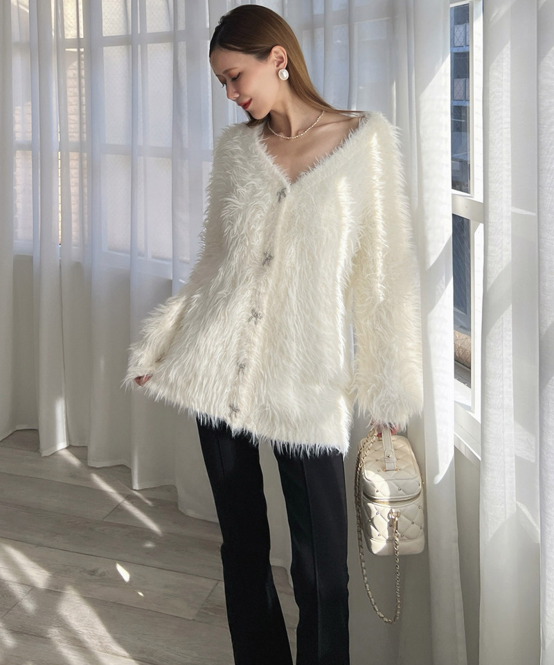 リボン釦シャギーミドルカーディガン 詳細画像 オフホワイト 3