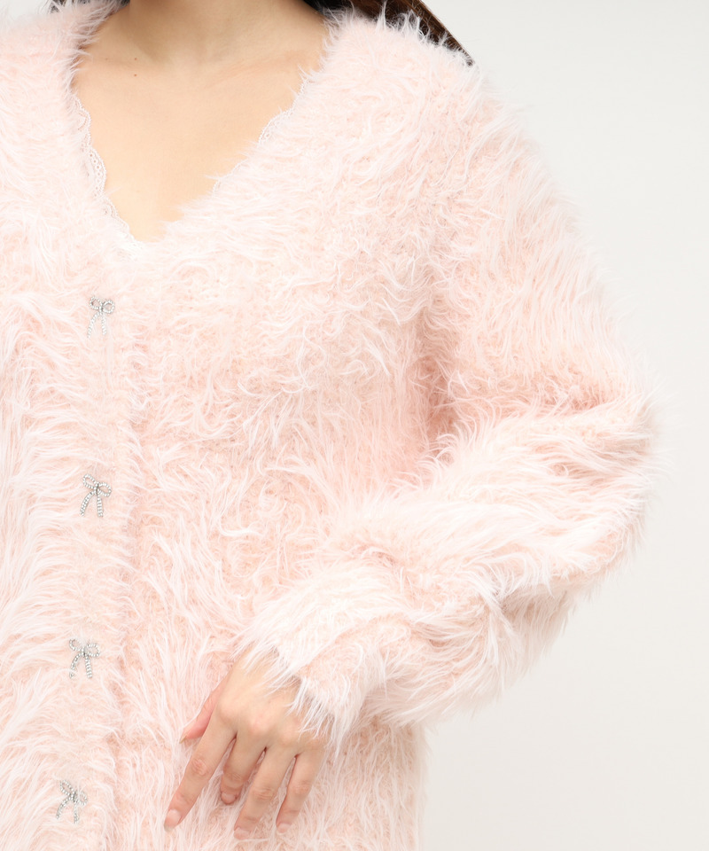 リボン釦シャギーミドルカーディガン 詳細画像 ピンク 5