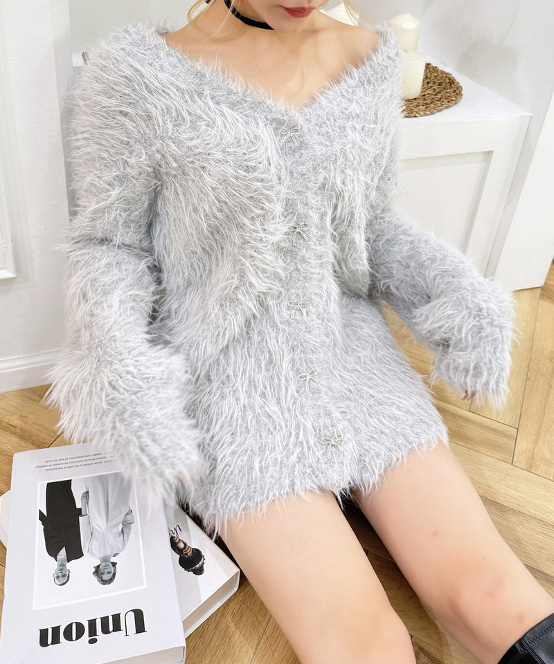 リボン釦シャギーミドルカーディガン 詳細画像 グレー 3