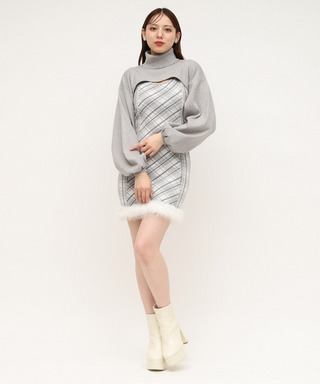 チェックレイヤードヘムファーニットミニワンピース