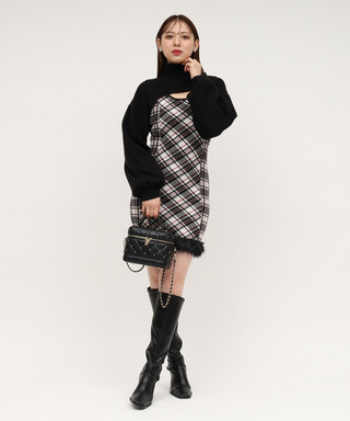 チェックレイヤードヘムファーニットミニワンピース