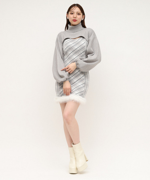 チェックレイヤードヘムファーニットミニワンピース 詳細画像