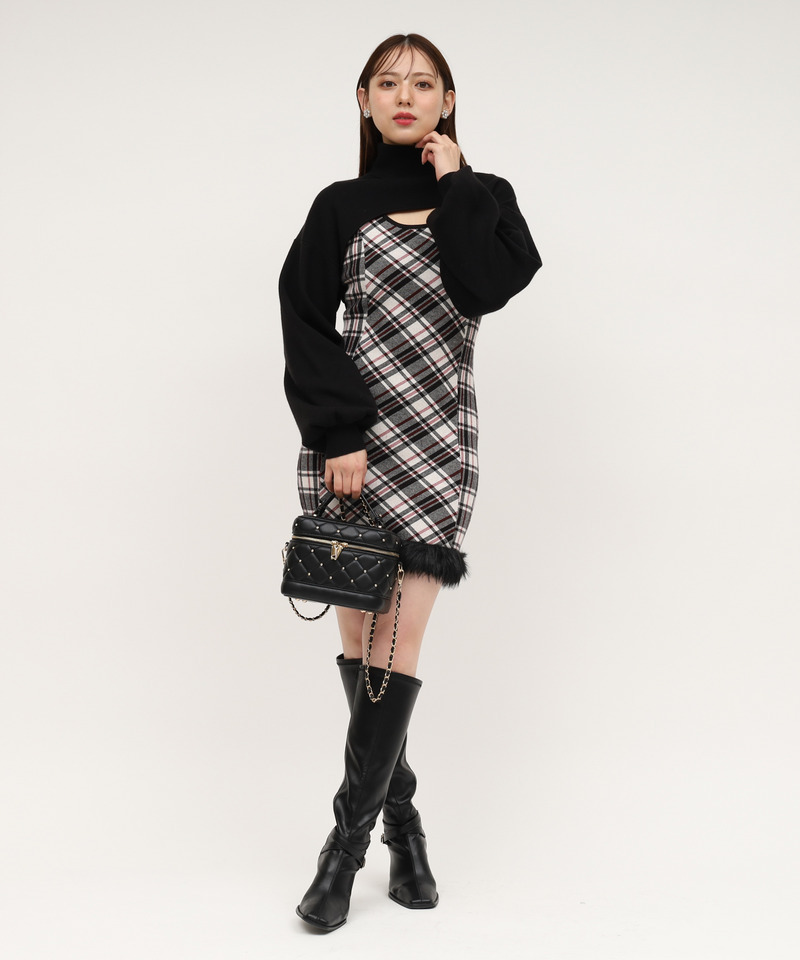 チェックレイヤードヘムファーニットミニワンピース 詳細画像 ブラック 1